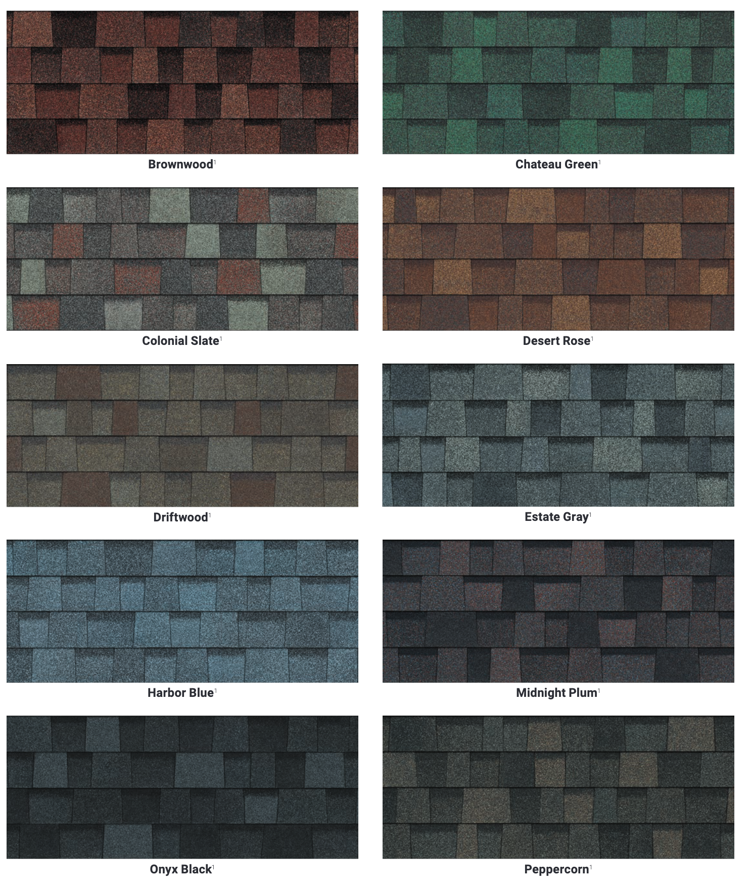 Owens Corning brand sample shingle colors
